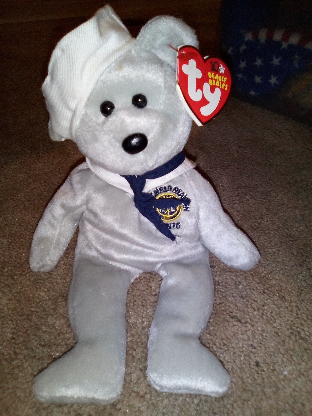 Ty Silver Sailor Bear Plush with Navy Scarf and White Hat